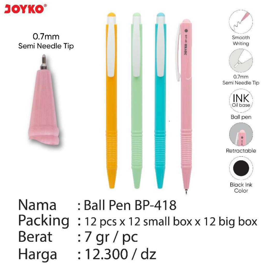 

( 1 kotak = 12 pcs ) Ballpen Cetrek BP-418 0,7mm / Pulpen Cetrek 0.7 mm / Retractable Pen / Pena Cetek Bodi Warna / Bolpoin tinta Hitam BP-418 Joyko