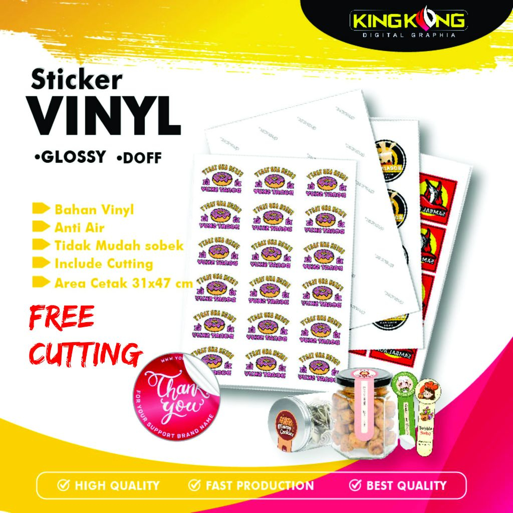 

CETAK Stiker Vinyl A3+ Free Cutting Kiss Cut / Logo / Makanan / Minuman / Kemasan / Anti Air