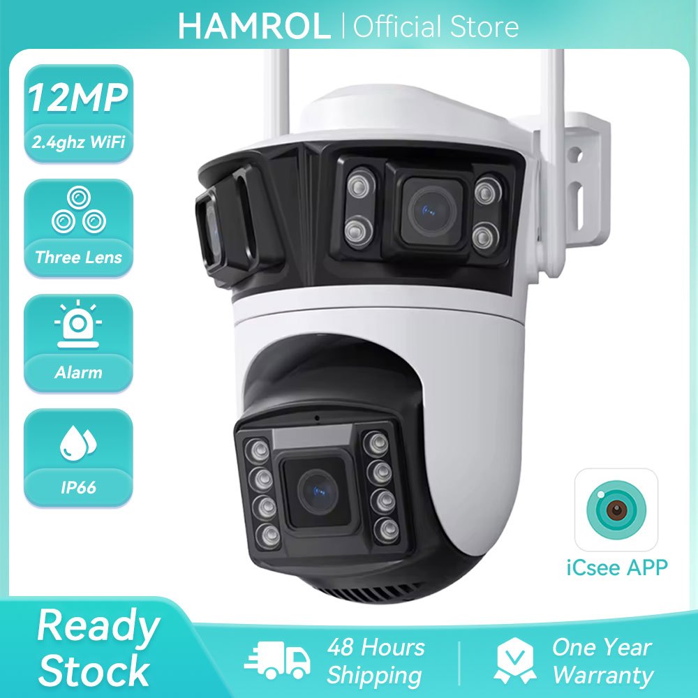 Hamrol 6K 12MP HD Three Screen WIFI IP Kamera Outdoor Three Lens Waterproof CCTV iCsee Camera