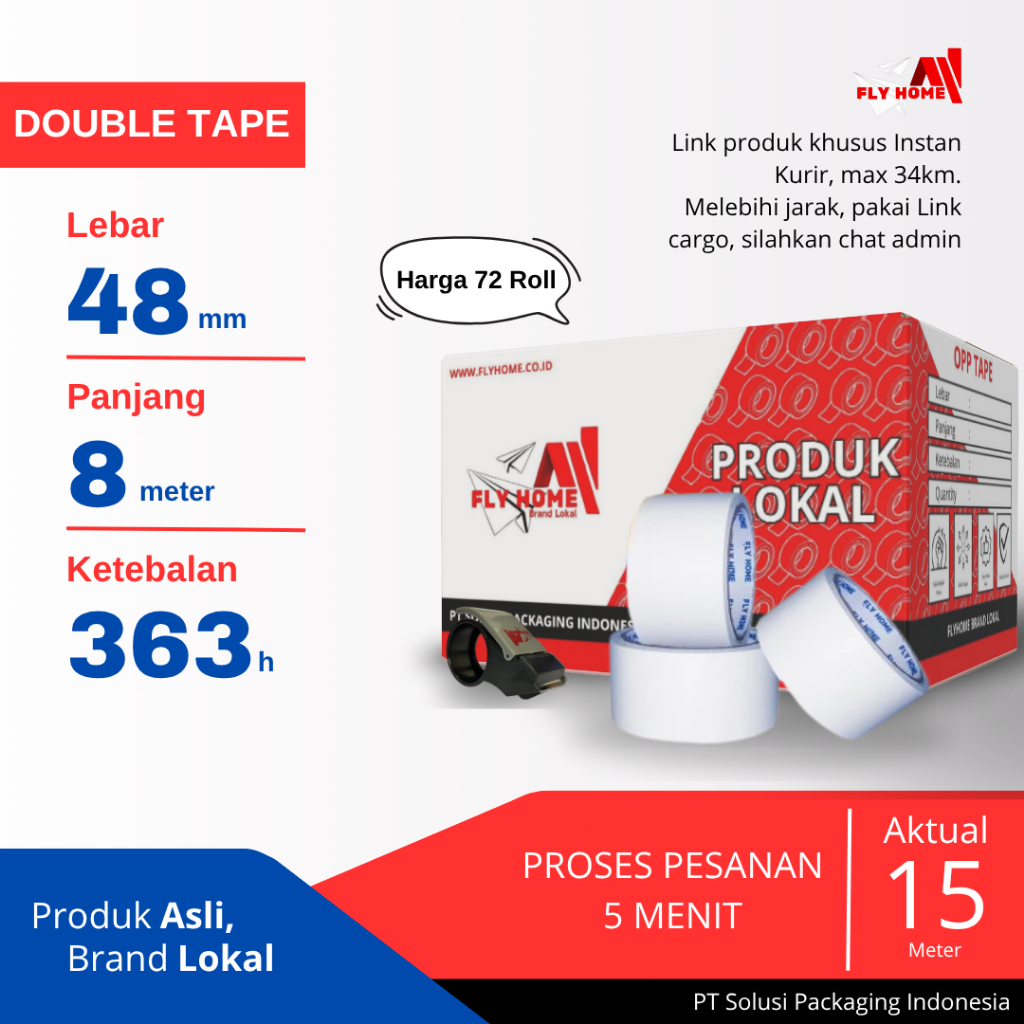 

FLYHOME Double tape 1 dus 48mm x 8meter hotmel 72 roll ukuran Full Instan