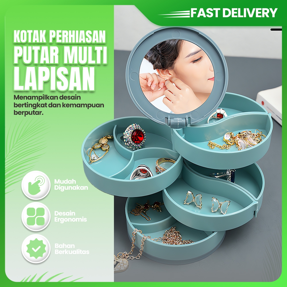 Tempat Perhiasan 4 Layer Putar Rak Penyimpanan Aksesoris Anting Gelang Kalung Jewelry Box Minimalist