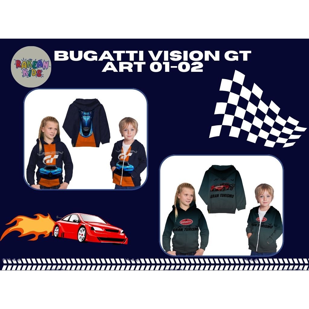Jaket Hoodie Anak Mobil Balap Car Bugatti Vision GT Art 01 & 02 Full Printing Free Custom