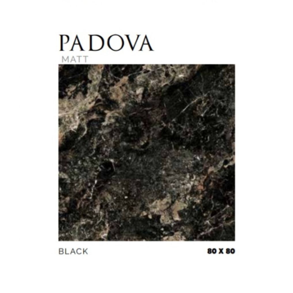 KERAMIK MERK PLATINUM TIPE PADOVA BLACK UKURAN 80X80 WARNA LATAR HITAM COTAK MOTIF WARNA EMAS PERMUK