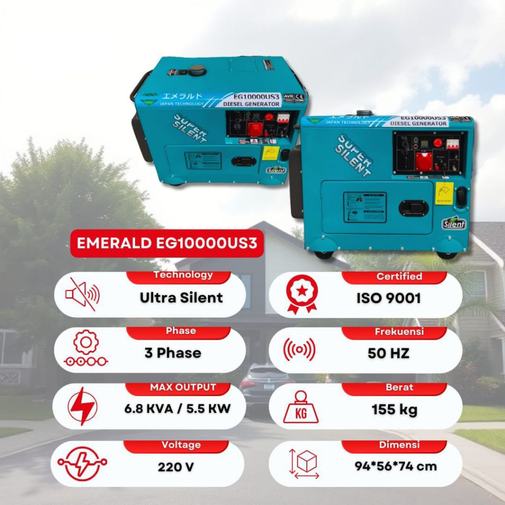 Genset Generator Set EMERALD EG-10000US3 Ultra Silent 5000 watt 7KVA 3 Phase