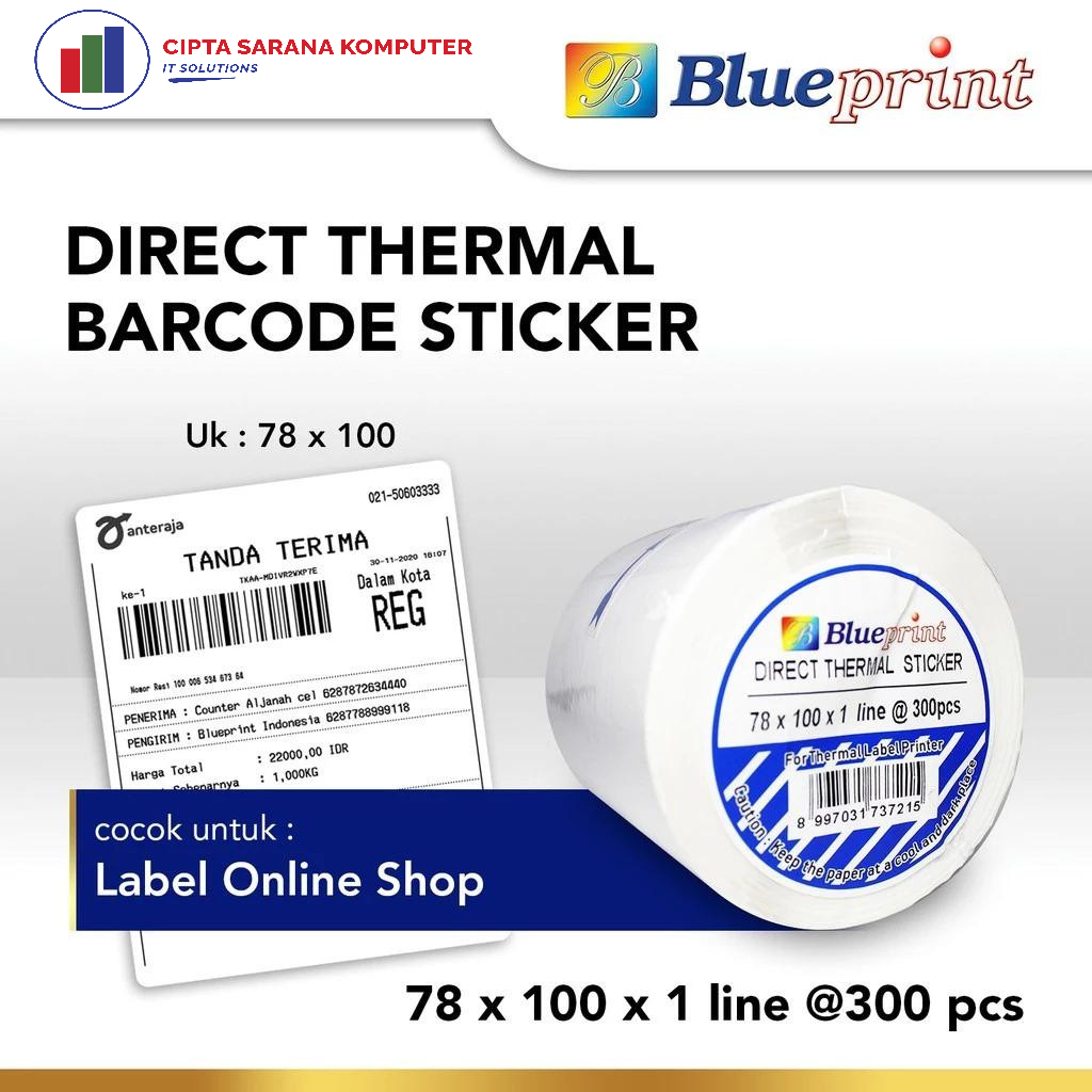 

Direct Thermal Sticker Label Online Shop 78 x 100 BLUEPRINT 78x100 mm isi 300Pcs - 1 Roll