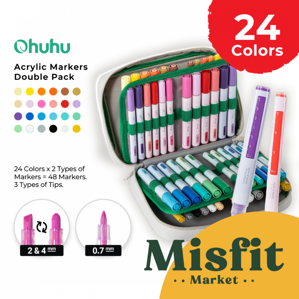 

OHUHU 48 Pcs Acrylic Paint Pens Double Pack (24x2 Colors) (Fine & Reversible + Chisel & Round) Spidol Akrilik