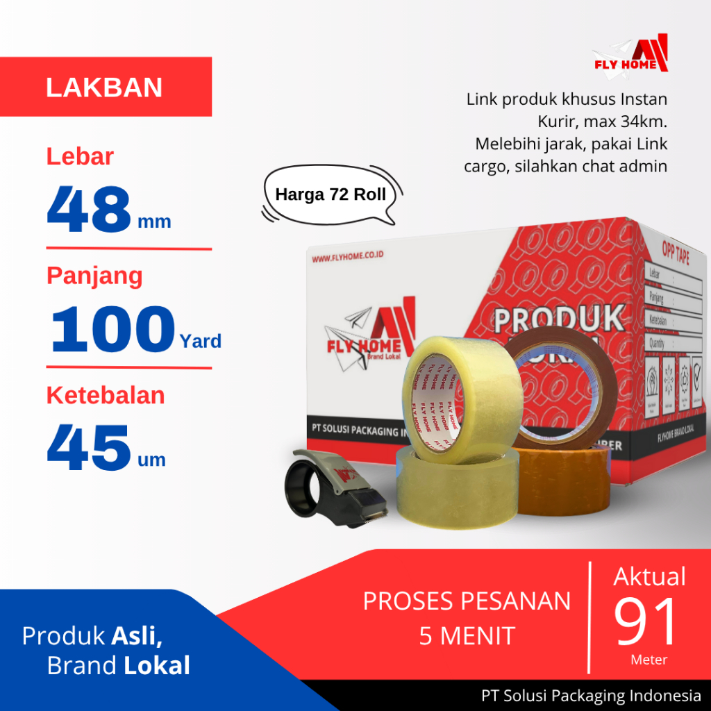 

FLYHOME Lakban bening coklat 100yard 91METER 2inci 48x100 yard 1 dus 72Rolls jumbo INSTAN