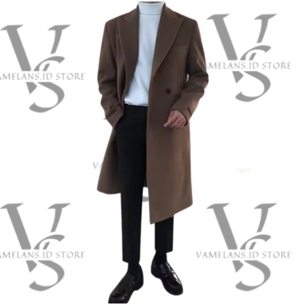 Jaket Jas Blazer Jubah Panjang Pria Long Coat Pria Korea Bahan Flece Kekinian Brown M