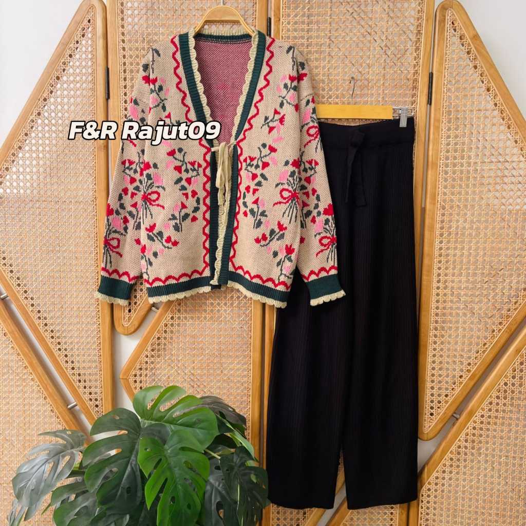 Oneset Eelweis Cardigan Rajut Motif Tali Pita Bunga Setelan Celana Kulot Premium Wanita Lengan Panja