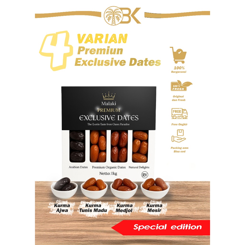 

Kurma Premium 4 Varian Malaki – 1 Kg (Ajwa, Tunis Madu, Medjol, Mesir) | Exclusive Dates