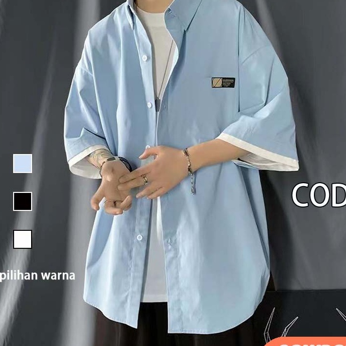 Kemeja pria lengan pendek Korean style oversize Kemeja biru cowok kasual kemeja batik longgar lengan