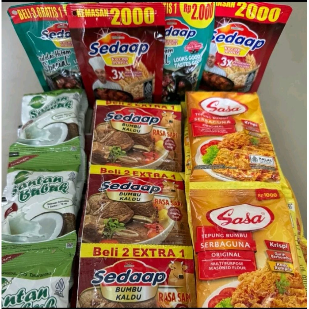 

PAKET HEMAT BUMBU DAPUR TEPUNG SASA 10PCS 18PCS KALDU SEDAP 10 SANTAN BUBUK DAN 4pcs KECAP SEDAP