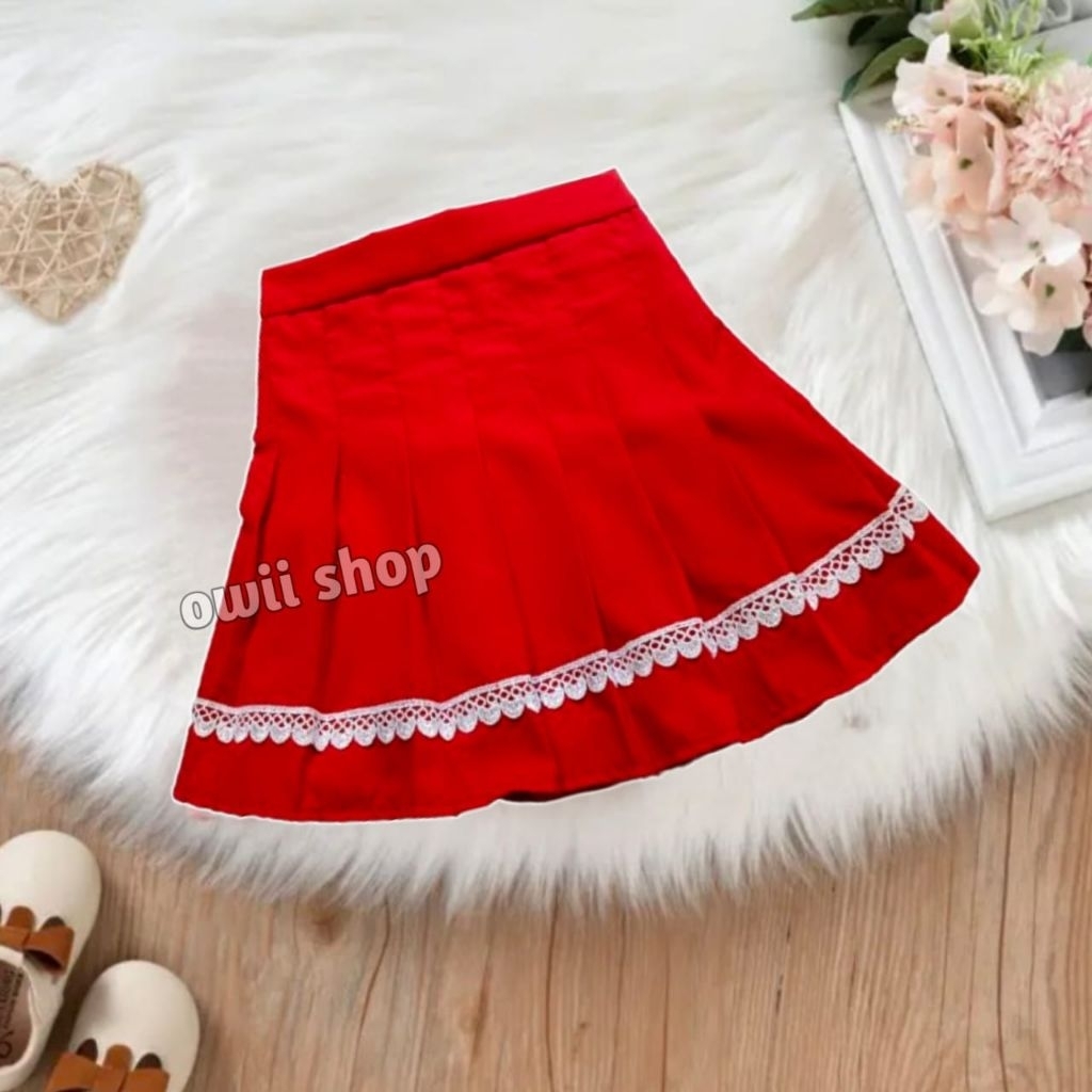 Rok anak perempuan warna merah kombinasi renda putih korean style rok anak merah putih 1 sampai 9 ta