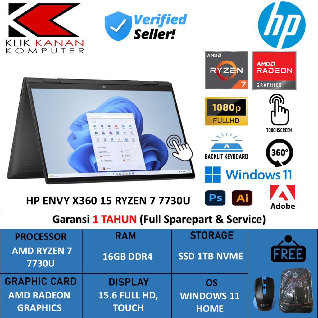 Hp Envy X360 15 Ryzen 7 7730U 16Gb 1tb 15.6 Full Hd Ips Touchscreen Backlite Win 11 Nightfall Black