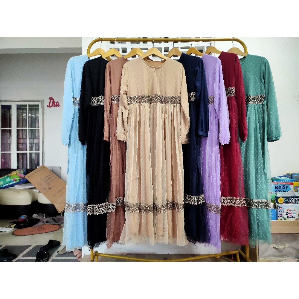 BAJU GAMIS SIMPLE REMAJA FULL TULLE POLKADOT PREMIUM TEBEL RENDA TILE POLKADOT BUSUI CANTIK KONDANGA