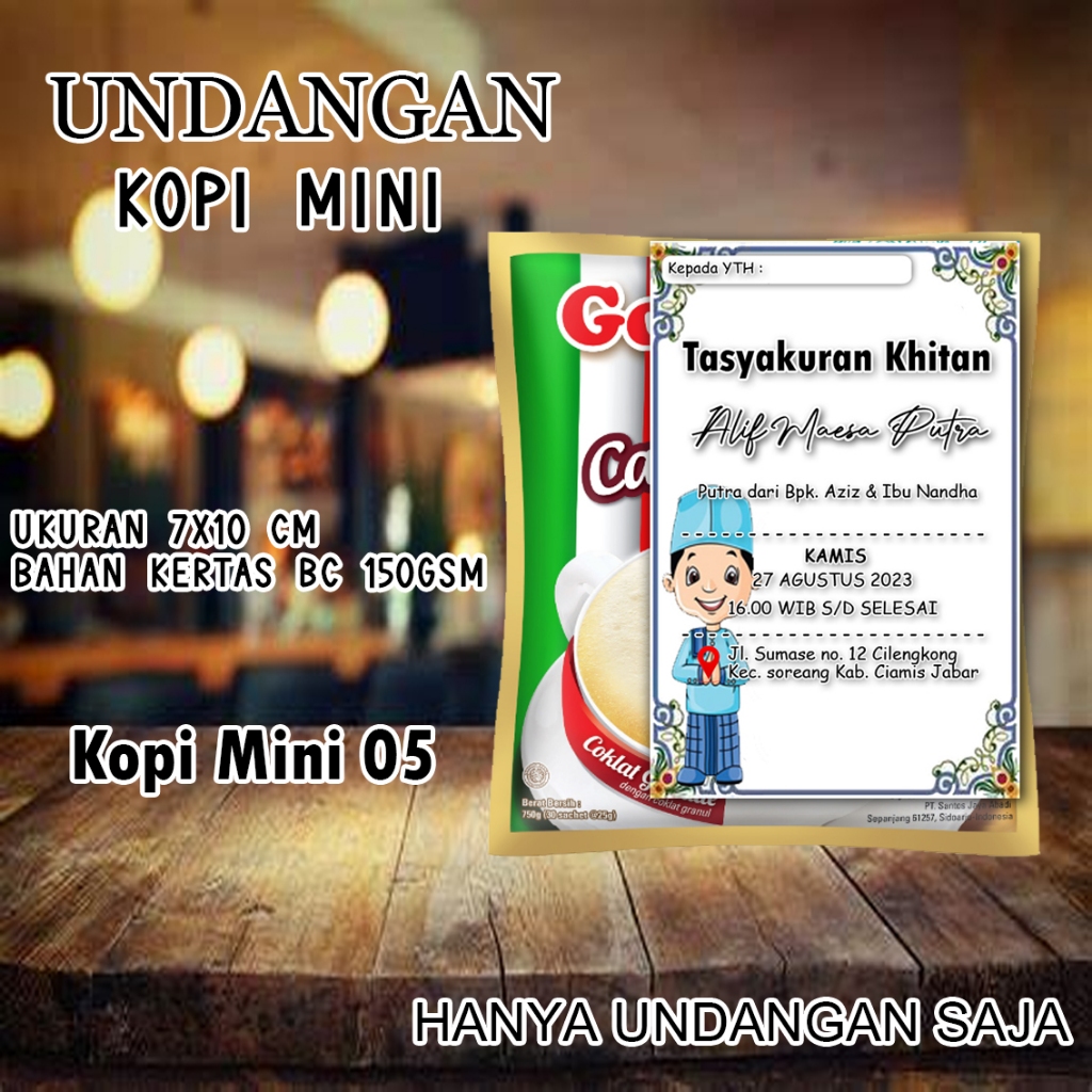 Undangan mini kopi KM 03 khitanan pernikahan ukuran 7.5 x 9 Cm bahan Karton BC