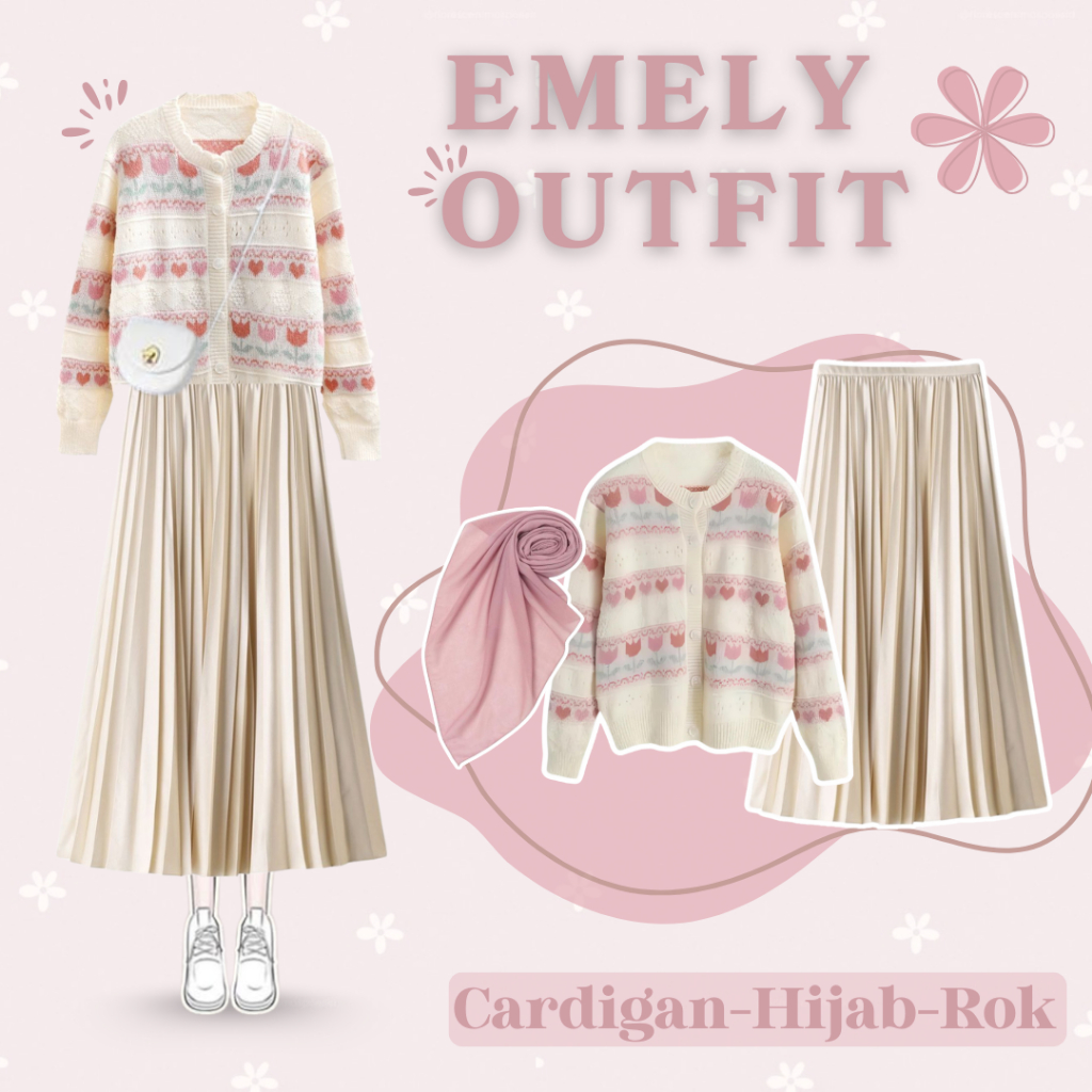One Set Wanita Kekinian (Cardigan Rajut Kancing Aktif | Rok Plisket Cream | Hijab Dusty Pink) QNL022