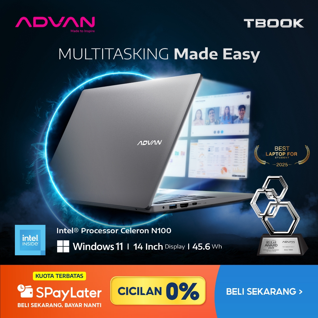 [SPL CICILAN 0%] ADVAN Laptop TBook Celeron N100 Intel N100 4Gb/128GB 14" HD Free Windows 11 - Garan