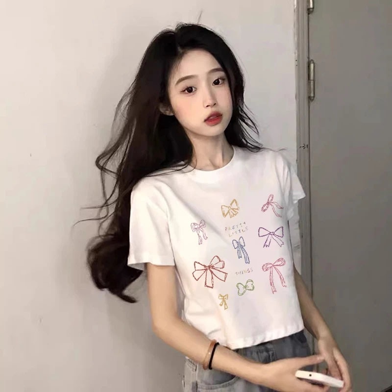 YlKOO - Korea Kaos Pendek Crop Top Kupu Kupu Atasan Wanita Baju