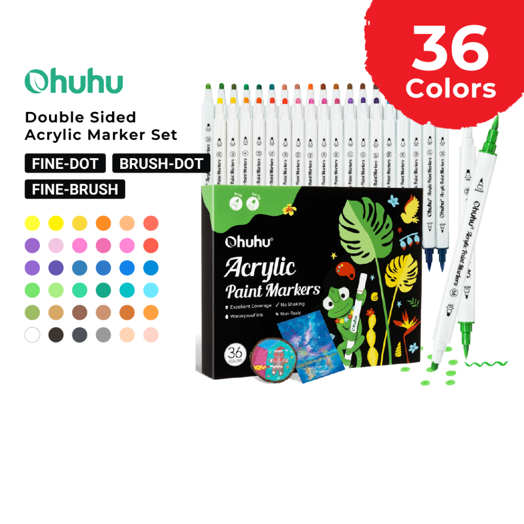 

OHUHU Acrylic Paint Markers 36 Colors Dual Tips Brush Dot Fine Tip