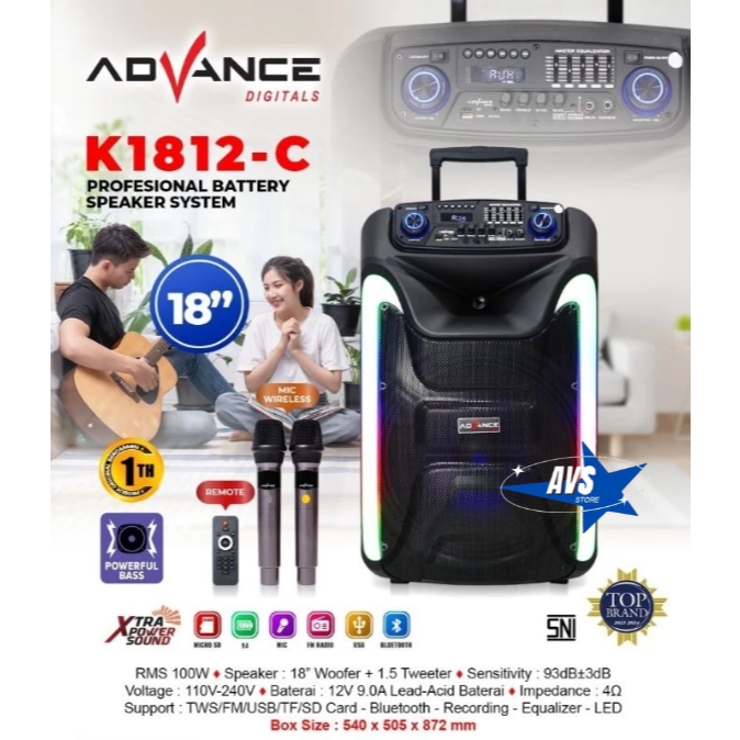 ADVANCE SPEAKER PORTABLE BLUETOOTH TROLI 18" K-1812C