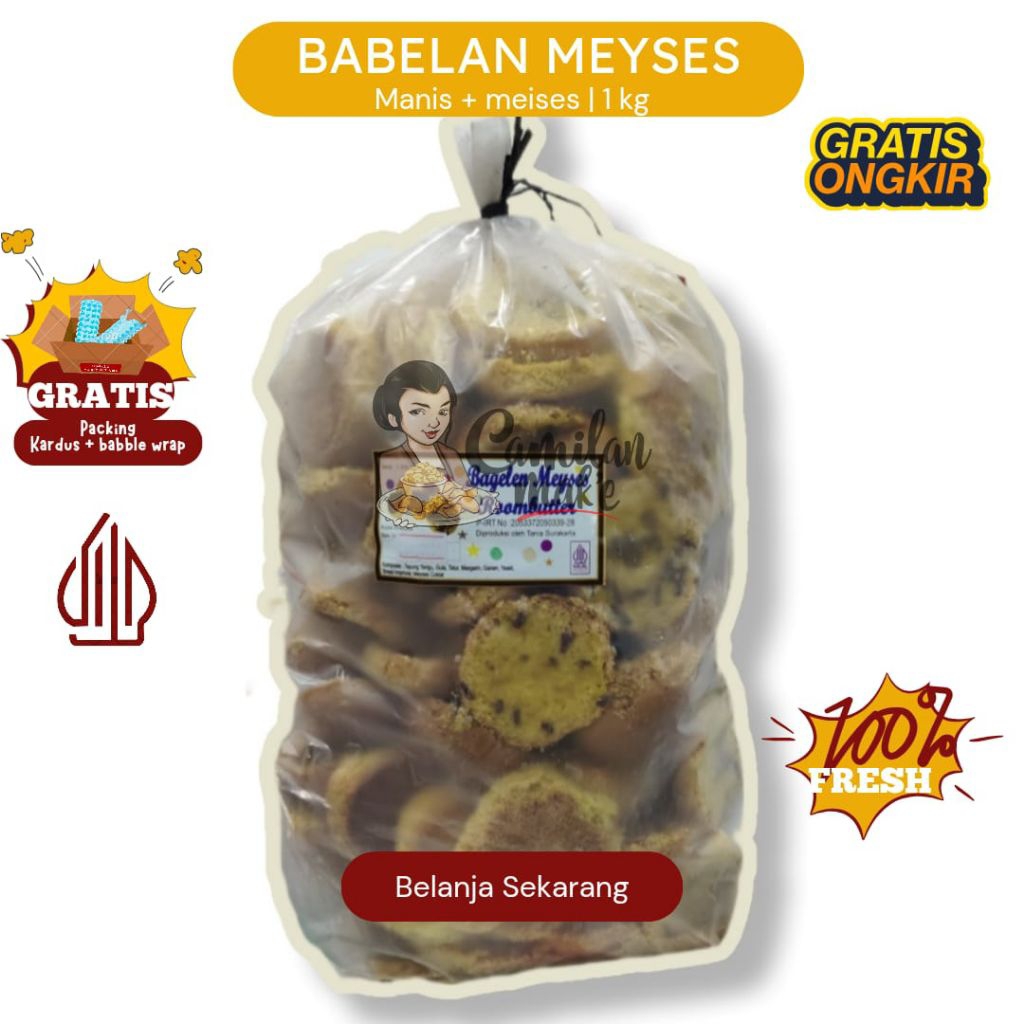

BAGELAN MEYSES/ CAMILAN MAK'E/ CEMILAN KUE KERING/ ROTI KERING GOSYEN/ CAMILAN KUE KERING/ JAJANAN KERING/ SNACK KILOAN
