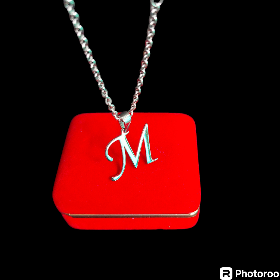 KALUNG BAJA/MONEL DAN LIONTIN HURUF TITANIUM INISIAL M TERBARU