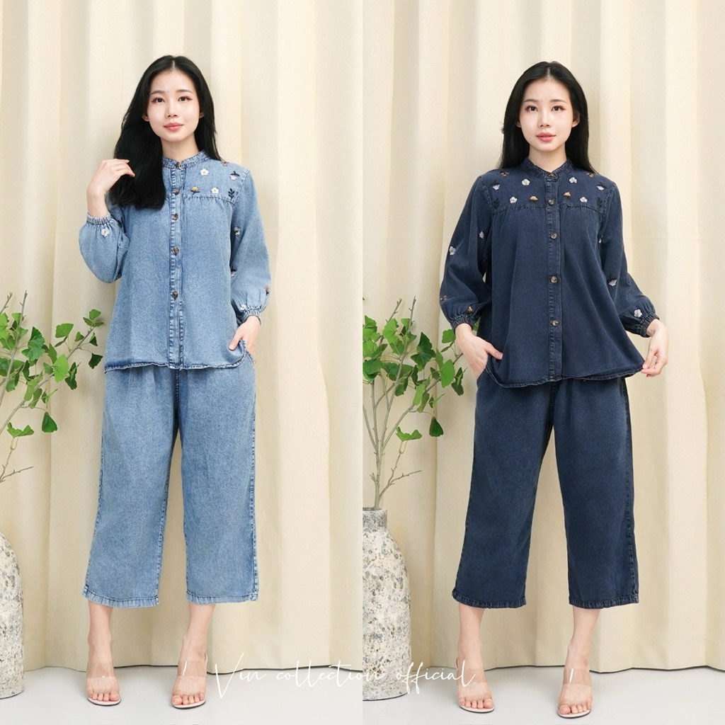 9944 SETELAN JEANS 7/8 BORDIR BUNGA LD110 WANITA|SETELAN SANTAI|SETELAN LD110|ONE SET DENIM