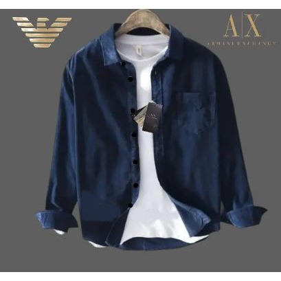 Kemeja Katun Miror Giorgio Armani Navy Lengan Panjang Slimfit Katun Twill