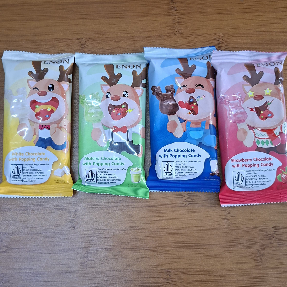 

Enon Milk Chocolate With Popping Candy, White Chocolate With Popping Candy, Strawberry Chocolate With Popping Candy, Matcha Chocolate With Popping Candy 15Gram