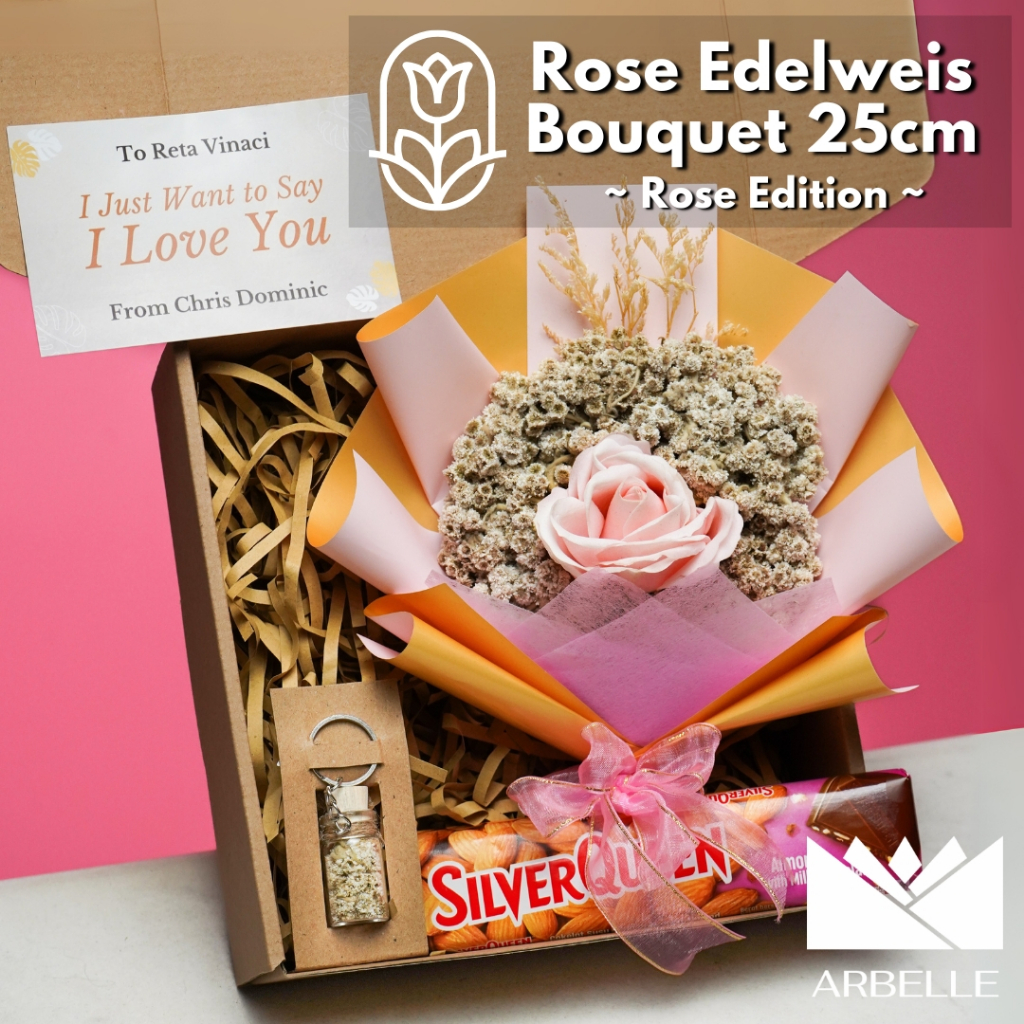 Buket Bunga Mawar & Bunga Edelweis 25cm - Buket Bunga Edelweiss Kering Bunga Kering Aesthetic Bouque