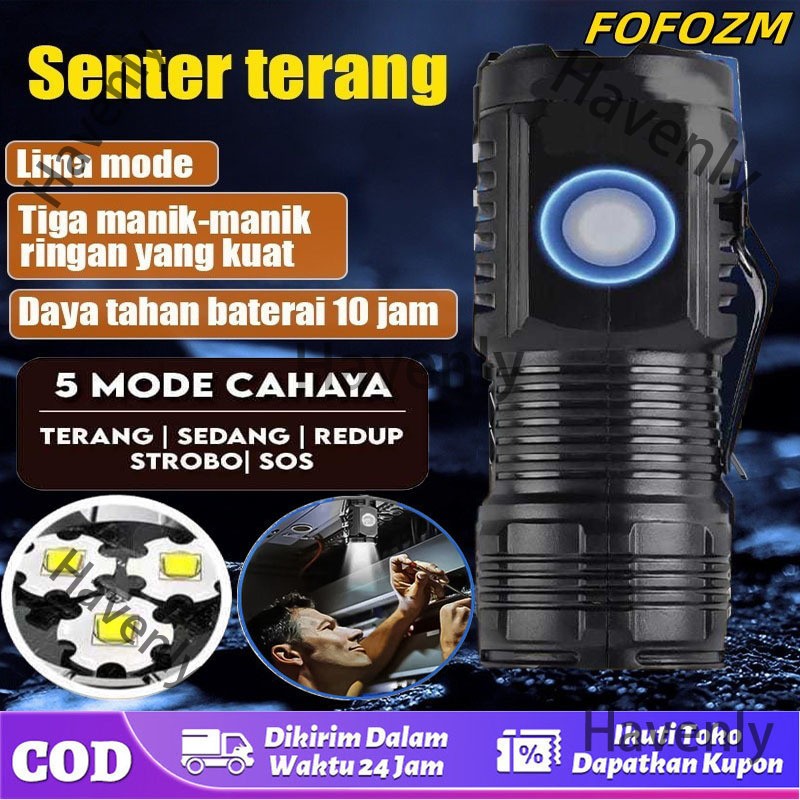 Senter Mini LED 3 Mata / Senter Mini Anti Air Super Terang Senter Mini Rechargeable【COD】