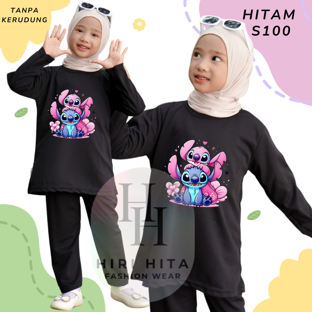 Hirihita S100 Setelan Muslim Tunik One Set Panjang Merah Putih Anak Cewek Lilo Stich Alien Biru