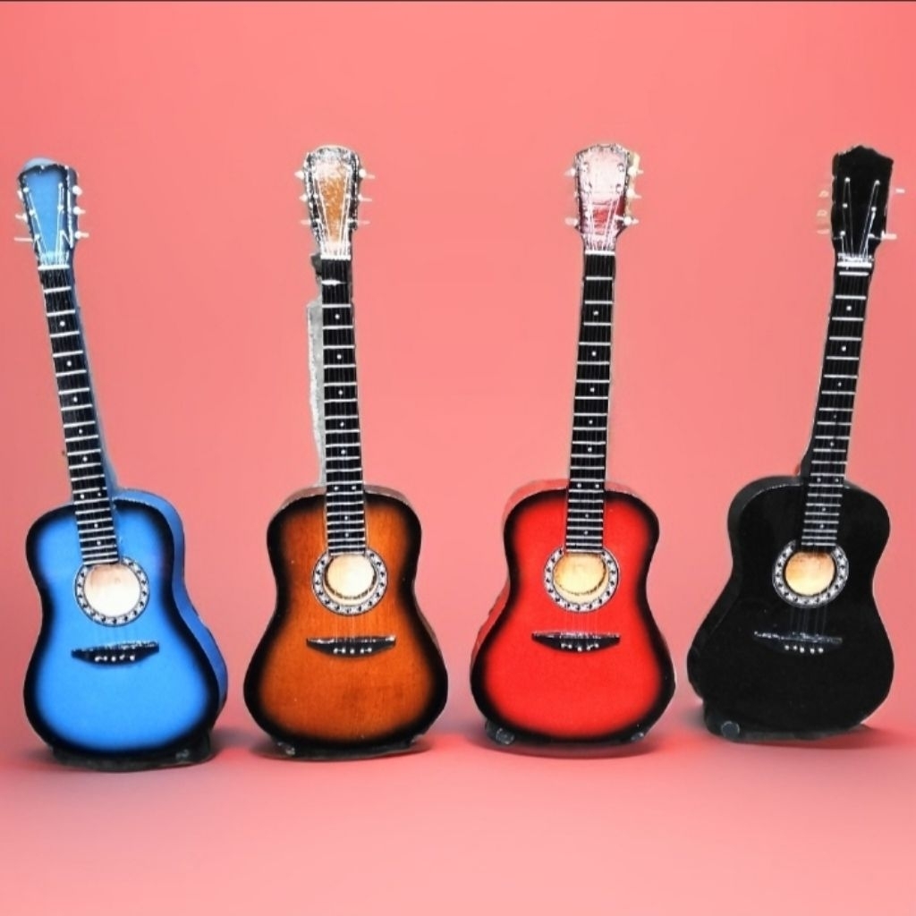 Miniatur alat musik gitar kayu akustik dan stand dari jogja