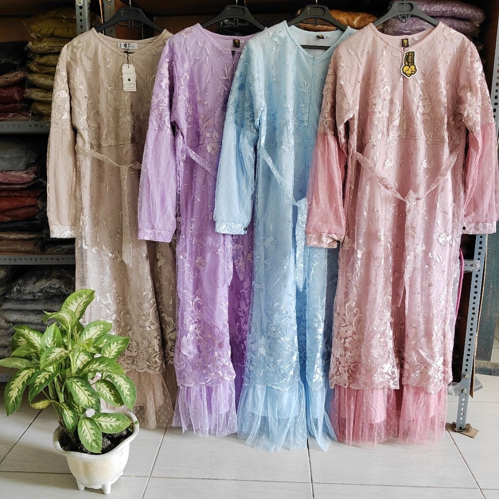 Dress Brokat Ukuran Standard dan Jumbo LD120 LD 110 LD 100 Lengan Balon Kombinasi Tile Bawah Real Pi