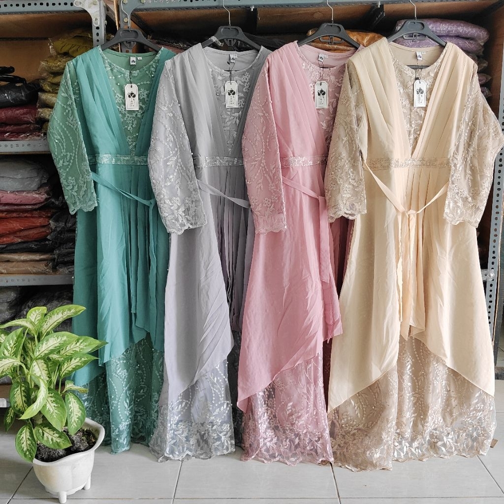 Dress Brokat Variasi Ceruty Lipit LD 100 LD 110 Jumbo LD 120 Gamis Pesta Real Picture