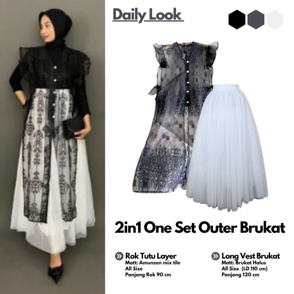 One Set Outer Brukat Sapto Olla Long Vest Outer Tunik Brukat Kondangan+Rok Tutu Putih 2 Layer - AR07