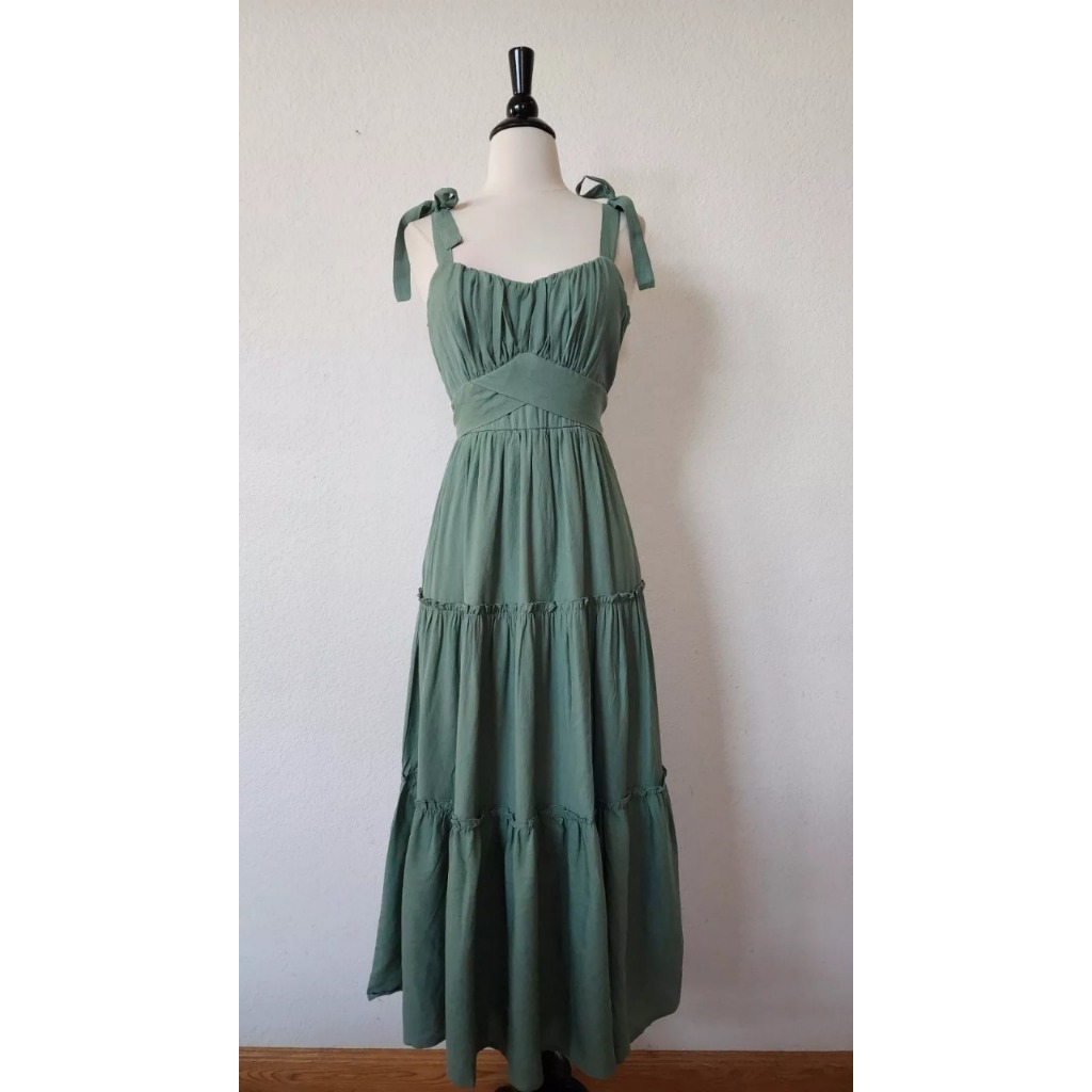 Anthropologie Midi Dress New Olive Green Coquette Bow Bridgerton