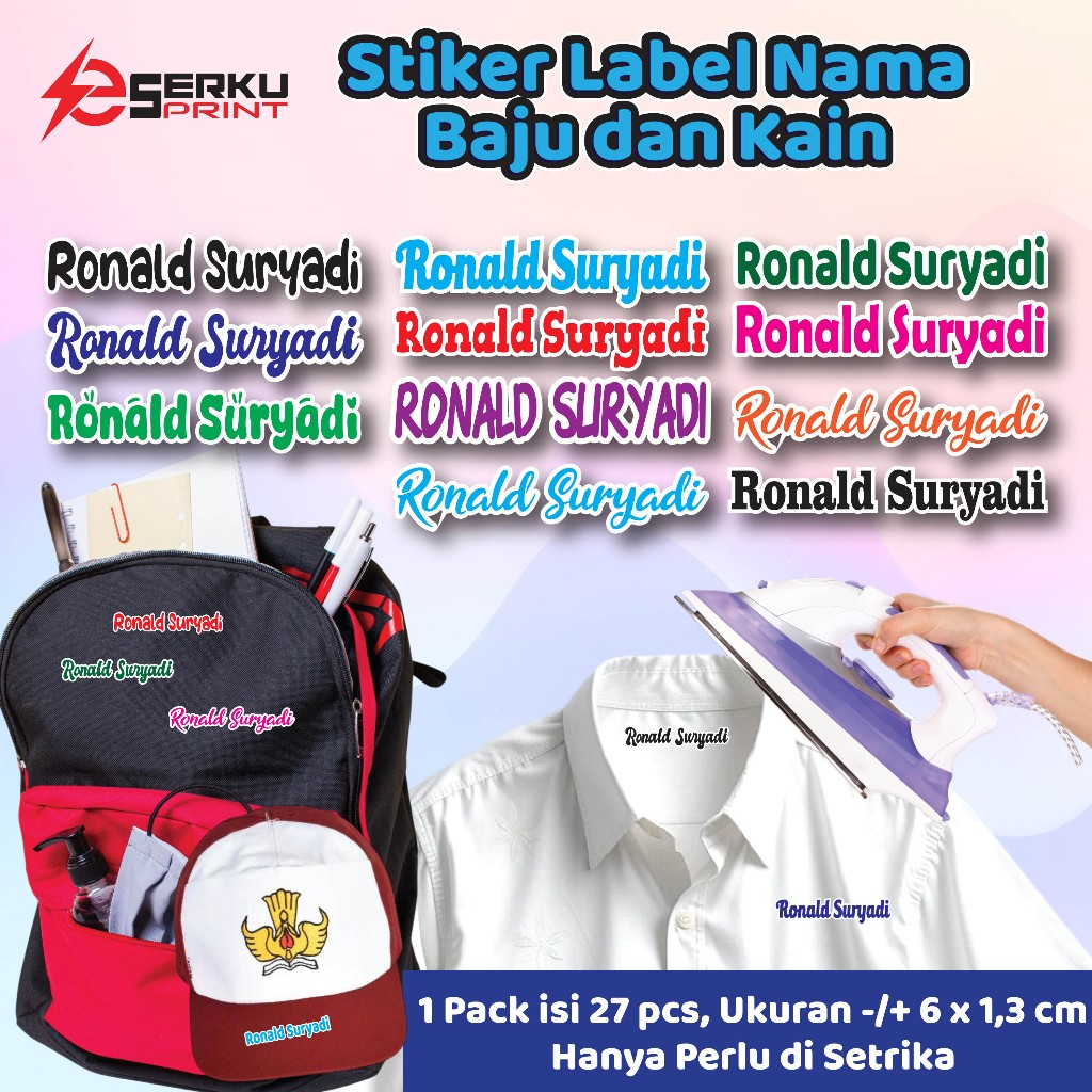 

Sticker Label Nama Baju Kain Kaos Sablon Setrika Sticker Iron Custom Nama (Per Pack isi 27 Pcs) ukuran 6x1.3 cm
