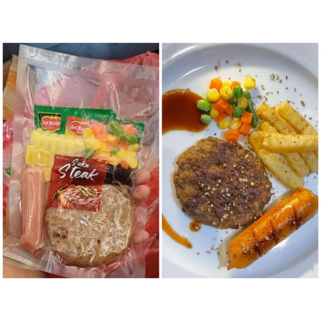 Suka steak (beef patties dan sosis premium)