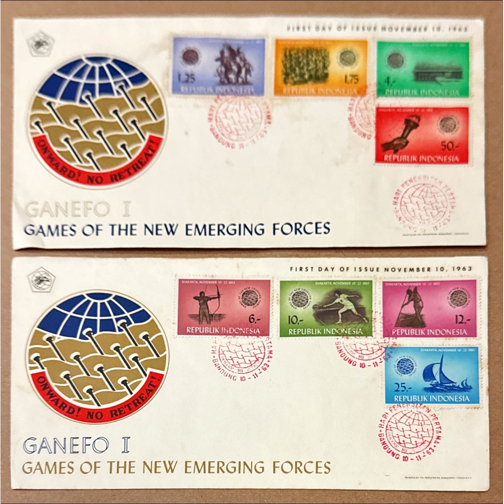

PRANGKO INDONESIA 1963 SHP GANEFO I (GAMES OF THE NEW EMERGING FORCES ) 2 SAMPUL COMPLIT SET MINT.