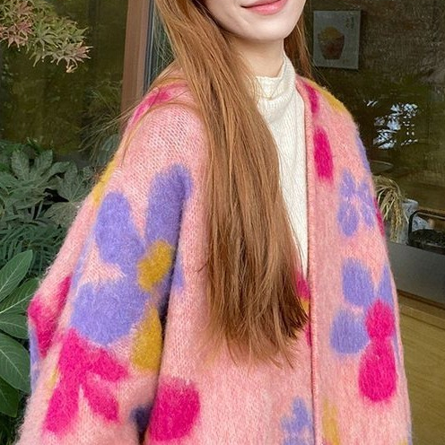 Women's RPIN candy colored flower pattern mohair knitted cardigan sweater