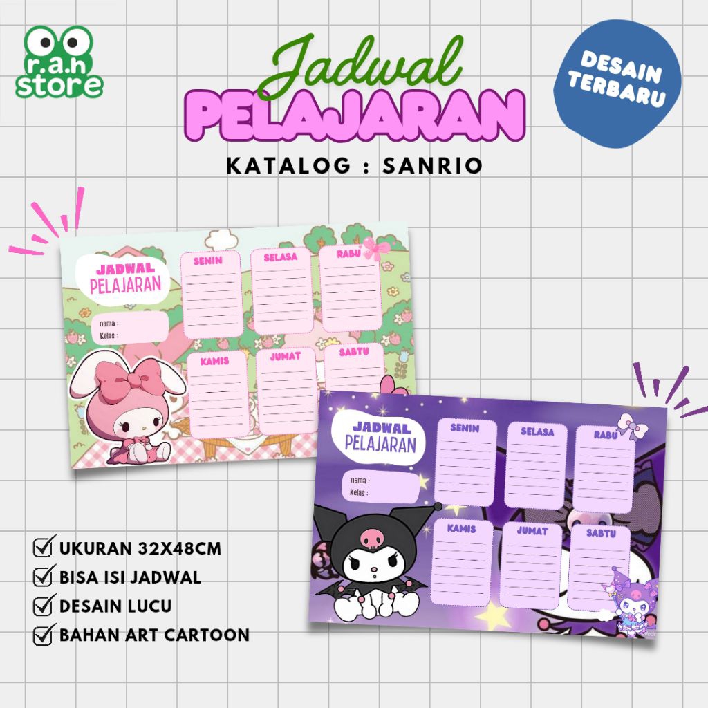 

JADWAL PELAJARAN TEMA SANRIO (ukuran Besar Bisa isi jadwal)