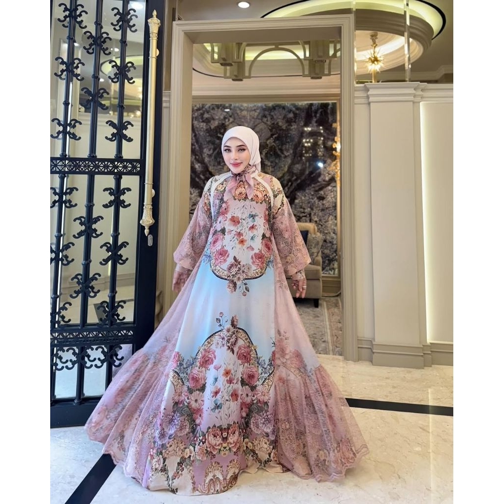 SHELLA SAUKIA ORI ❤️ SET HIJAB DRESS MEWAH FLOWER LENGAN BRUKAT