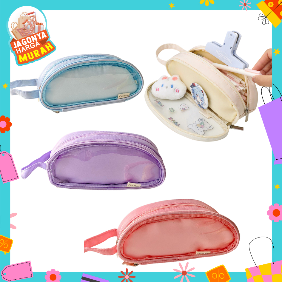 

JHM Tempat Pensil Transparan 2 Sekat Kotak Pensil Polos Aesthetic Pouch Serbaguna Multifungsi Pencil Case Simple Stationery Storage Bag School