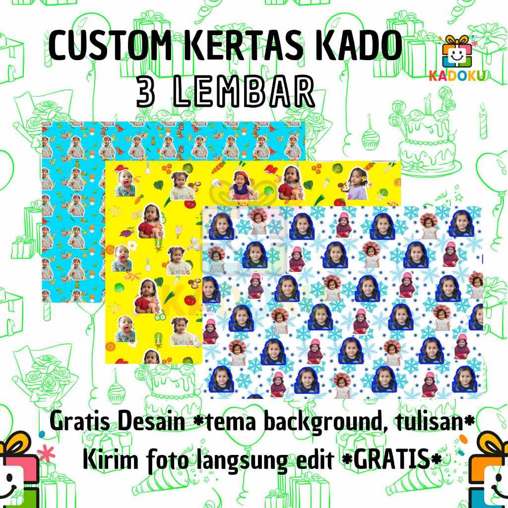 

KADOKU Kertas Kado Custom 1 Lembar 3 Lembar - Wrapping Paper - Free Edit - bisa pilih tema