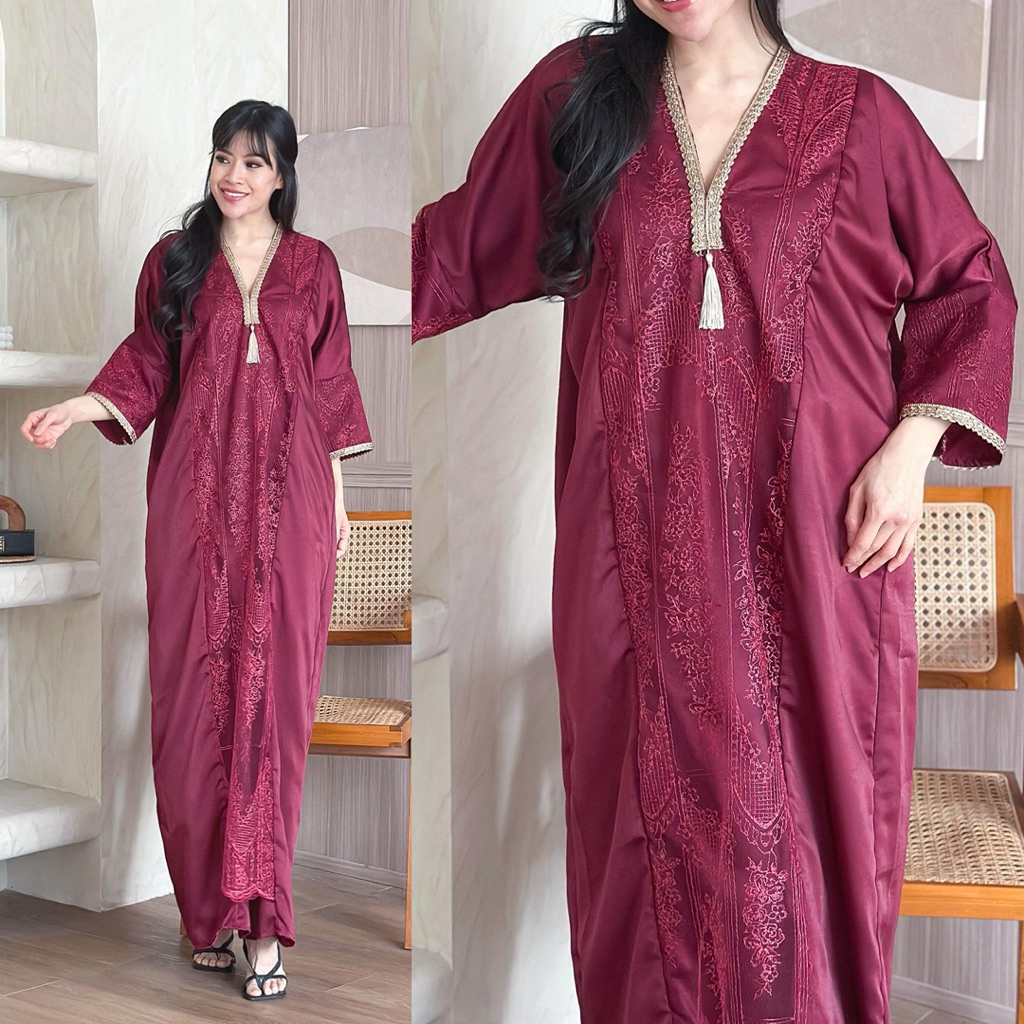 Anya Abaya Maroon | Abaya Kaftan Satin Lebaran Mewah Terbaru