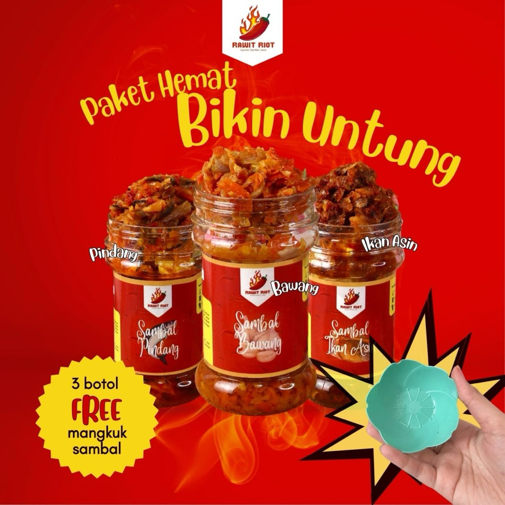 

RAWIT RIOT - [PAKET HEMAT BIKIN UNTUNG] 3 Botol FREE Mangkuk Sambal Ikan Asin, Sambal Pindang, Sambal Bawang 130gr Sambel Botol Siap Saji