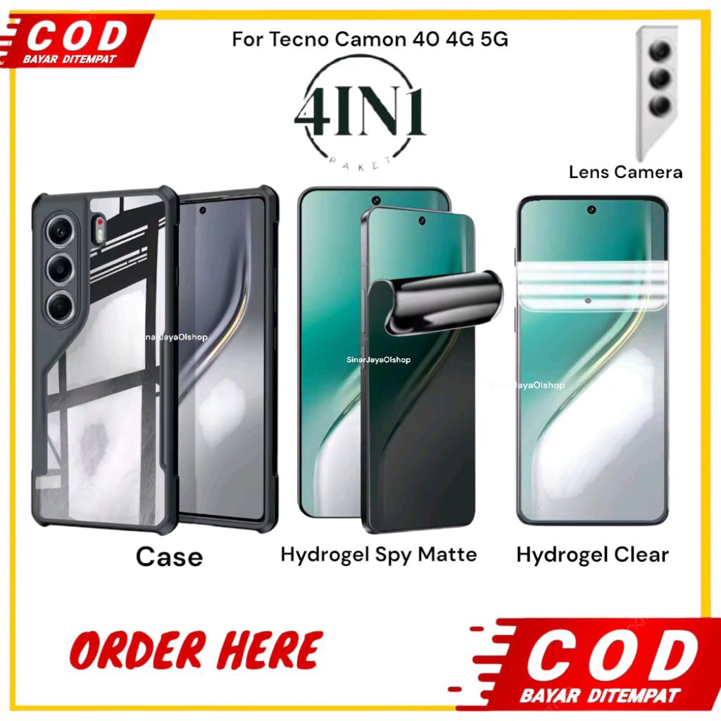 PAKET 4IN1 Case Tecno Camon 40 Pro 4G 5G + Hydrogel Spy Matte/Clear Depan Belakang + Lens Camera