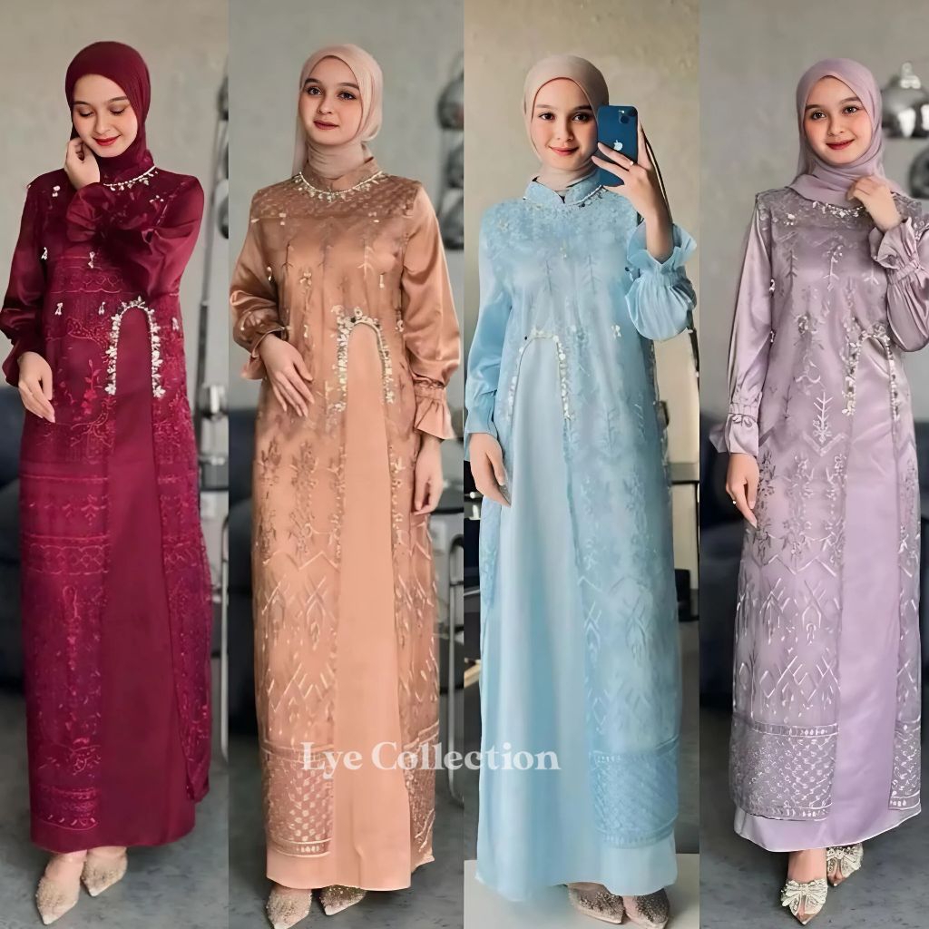 Lye Marsya Dress Silk Burkat Tile Gamis Outher Matt Silk Premium Mix Brukat Aplikasi Payet/Gamis Kon